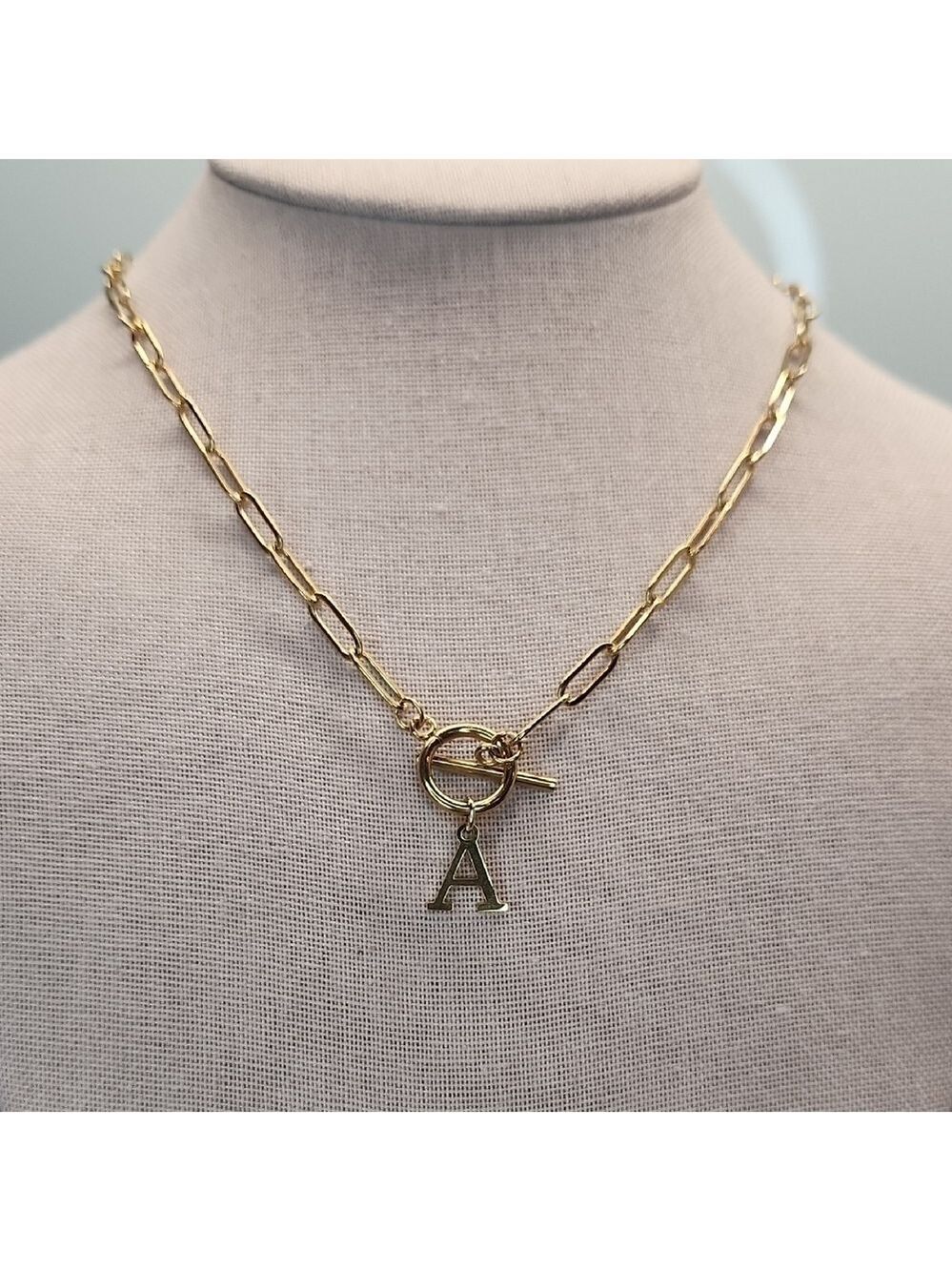 18k Gold Plated Stainless Paperclip Necklace with Toggle and A Initial Pendant